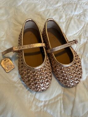 next Metallic Rose Gold Mary Jane Woven Flats